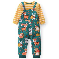 Babyhug Single Jersey Knit Full Sleeves Striped T-Shirt & Dungaree with Animal Print - Yellow & Green