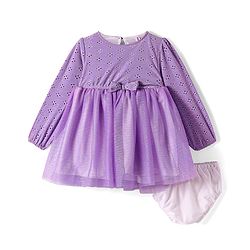 Babyhug Mesh Woven Full Peasant Sleeves Frock with Bloomer Glitter Detailing & Bow Applique - Lilac
