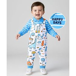 Babyhug Single Jersey Knit Full Sleeves Striped T-Shirt & Dungaree with Dino Print - Blue & White