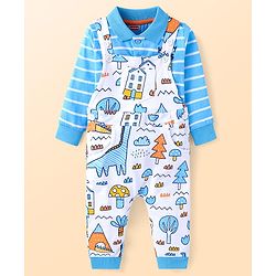 Babyhug Single Jersey Knit Full Sleeves Striped T-Shirt & Dungaree with Dino Print - Blue & White
