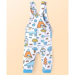 Babyhug Single Jersey Knit Full Sleeves Striped T-Shirt & Dungaree with Dino Print - Blue & White