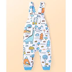 Babyhug Single Jersey Knit Full Sleeves Striped T-Shirt & Dungaree with Dino Print - Blue & White