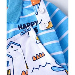 Babyhug Single Jersey Knit Full Sleeves Striped T-Shirt & Dungaree with Dino Print - Blue & White