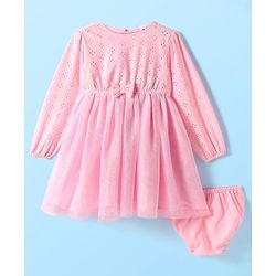 Babyhug Mesh Woven Full Peasant Sleeves Anti Bacterial Frock with Bloomer Bow Applique & Schiffli Detailing - Pink
