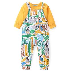 Babyhug Cotton Knit Koala Bear Printed Dungaree with Full Sleeves T-Shirt - Yellow & White