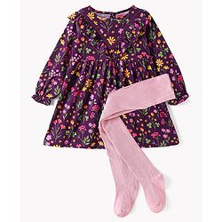 Babyhug Cotton Knit Full Sleeves Floral Printed Frock with Leggings - Wine