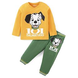Babyhug Disney Cotton Knit Full Sleeves T-Shirt & Lounge Pants Set With 101 Dalmatians Graphics & Badge Detailing - Mustard & Green