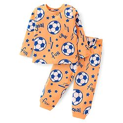 Babyhug Cotton Knit Full Sleeves Night Suit with Football Print - Orange