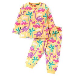 Babyhug Cotton Knit Full Sleeves Night Suit With Dinosaurs Print - Yellow