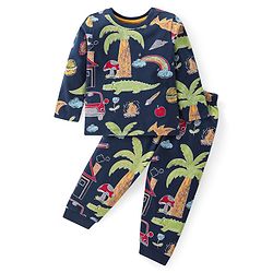 Babyhug Cotton Knit Full Sleeves Night Suit With Animals Print - Navy