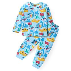 Babyhug Cotton Knit Full Sleeves Night Suit With Dino Print - Blue