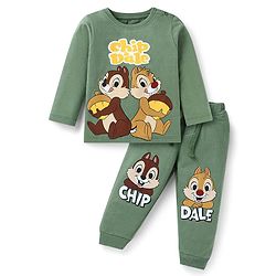 Babyhug Disney Single Jersey Full Sleeves T-Shirt With Lounge Pant Set with Chip N Dale Print - Olive Green