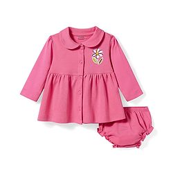 Babyhug Cotton Knit Full Sleeves Floral Printed Frock With Bloomer - Dark Pink