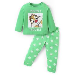Babyhug Disney Cotton Knit Full Sleeves Night Suit With Chip n Dale Graphics - Light Green