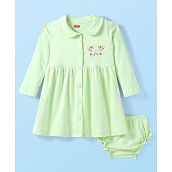 Babyhug Cotton Knit Full Sleeves Peter Pan Collared Frock With Bloomer & Floral Butterfly Print - Light Green