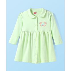 Babyhug Cotton Knit Full Sleeves Peter Pan Collared Frock With Bloomer & Floral Butterfly Print - Light Green