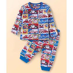 Babyhug Cotton Knit Full Sleeves Night Suit With Vehicles Print - Blue