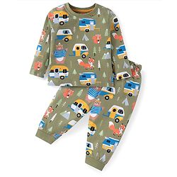Babyhug Cotton Knit Full Sleeves Night Suit With Vehicles Print - Blue