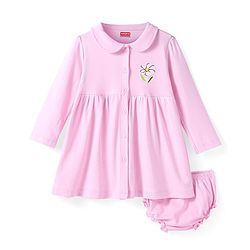 Babyhug Cotton Knit Full Sleeves Peter Pan Collared Frock with  Bloomer & Floral Print - Pink