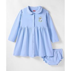Babyhug Cotton Knit Full Sleeves Floral Printed Frock With Bloomer - Light Blue
