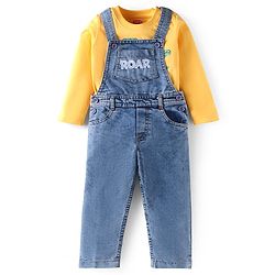 Babyhug Singe Jersey Knit Full Sleeves Dino Printed T-Shirt & Dungaree with Text Patch - Yellow & Blue