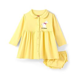 Babyhug Cotton Knit Full Sleeves Solid Peter Pan Collared Frock with Bloomer & Bunny Print - Yellow