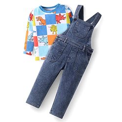 Babyhug Single Jersey Knit Full Sleeves Dino Printed T-Shirt & Dungaree - Light Blue