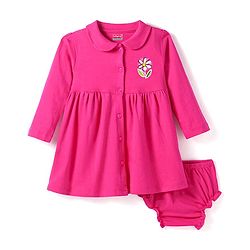 Babyhug Cotton Knit Full Sleeves Peter Pan Collared Frock With Floral Print & Bloomer - Dark Pink