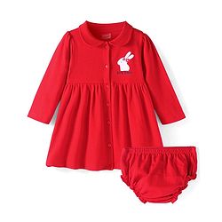 Babyhug Cotton Knit Full Sleeves Peter Pan Collared Front Open Frock & Bloomer with Bunny Print - Red