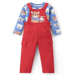 Babyhug Single Jersey Knit Dungaree and Full  Sleeves T-Shirt Set with Bear Print - Red & Blue