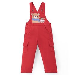 Babyhug Single Jersey Knit Dungaree and Full  Sleeves T-Shirt Set with Bear Print - Red & Blue