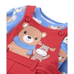 Babyhug Single Jersey Knit Dungaree and Full  Sleeves T-Shirt Set with Bear Print - Red & Blue