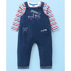 Babyhug Single Jersey Woven Dungaree and Full Sleeves Striped T-Shirt Set with Bear Applique - Blue Red & White