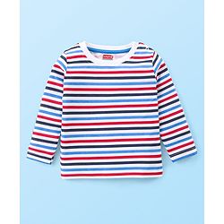 Babyhug Single Jersey Woven Dungaree and Full Sleeves Striped T-Shirt Set with Bear Applique - Blue Red & White