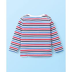 Babyhug Single Jersey Woven Dungaree and Full Sleeves Striped T-Shirt Set with Bear Applique - Blue Red & White