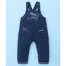 Babyhug Single Jersey Woven Dungaree and Full Sleeves Striped T-Shirt Set with Bear Applique - Blue Red & White