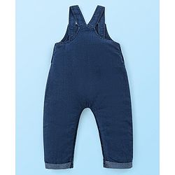 Babyhug Single Jersey Woven Dungaree and Full Sleeves Striped T-Shirt Set with Bear Applique - Blue Red & White