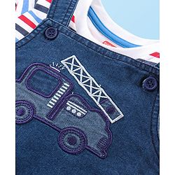 Babyhug Single Jersey Woven Dungaree and Full Sleeves Striped T-Shirt Set with Bear Applique - Blue Red & White