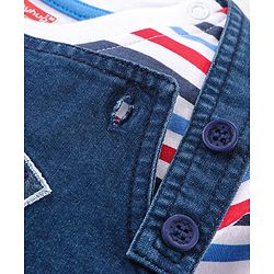 Babyhug Single Jersey Woven Dungaree and Full Sleeves Striped T-Shirt Set with Bear Applique - Blue Red & White