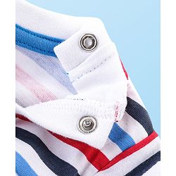 Babyhug Single Jersey Woven Dungaree and Full Sleeves Striped T-Shirt Set with Bear Applique - Blue Red & White