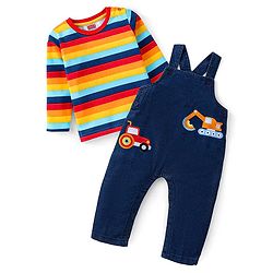 Babyhug Single Jersey Woven Dungaree with Vehicle Embroidery & Striped Full Sleeves T-Shirt - Navy Blue