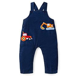 Babyhug Single Jersey Woven Dungaree with Vehicle Embroidery & Striped Full Sleeves T-Shirt - Navy Blue