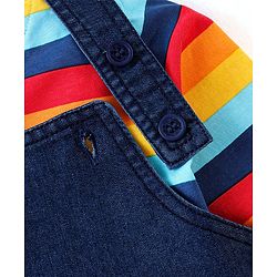 Babyhug Single Jersey Woven Dungaree with Vehicle Embroidery & Striped Full Sleeves T-Shirt - Navy Blue