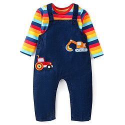 Babyhug Single Jersey Woven Dungaree with Vehicle Embroidery & Striped Full Sleeves T-Shirt - Navy Blue