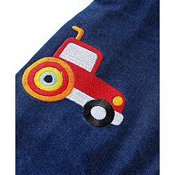 Babyhug Single Jersey Woven Dungaree with Vehicle Embroidery & Striped Full Sleeves T-Shirt - Navy Blue