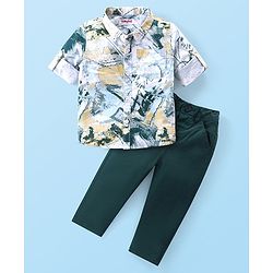 Babyhug Cotton Woven Full Sleeves Printed Shirt & Trouser Pants Set - White & Dark Green