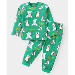 Babyhug Cotton Knit Full Sleeves Night Suit Penguin Print - Green