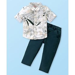 Babyhug Cotton Woven Full Sleeves Printed Shirt & Trouser Pants Set - White & Dark Green