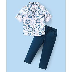 Babyhug Cotton Woven Full Sleeves Printed Shirt & Trouser Pants Set - Blue & Off White
