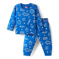Babyhug Cotton Knit Full Sleeves Night Suit with Text Print - Blue